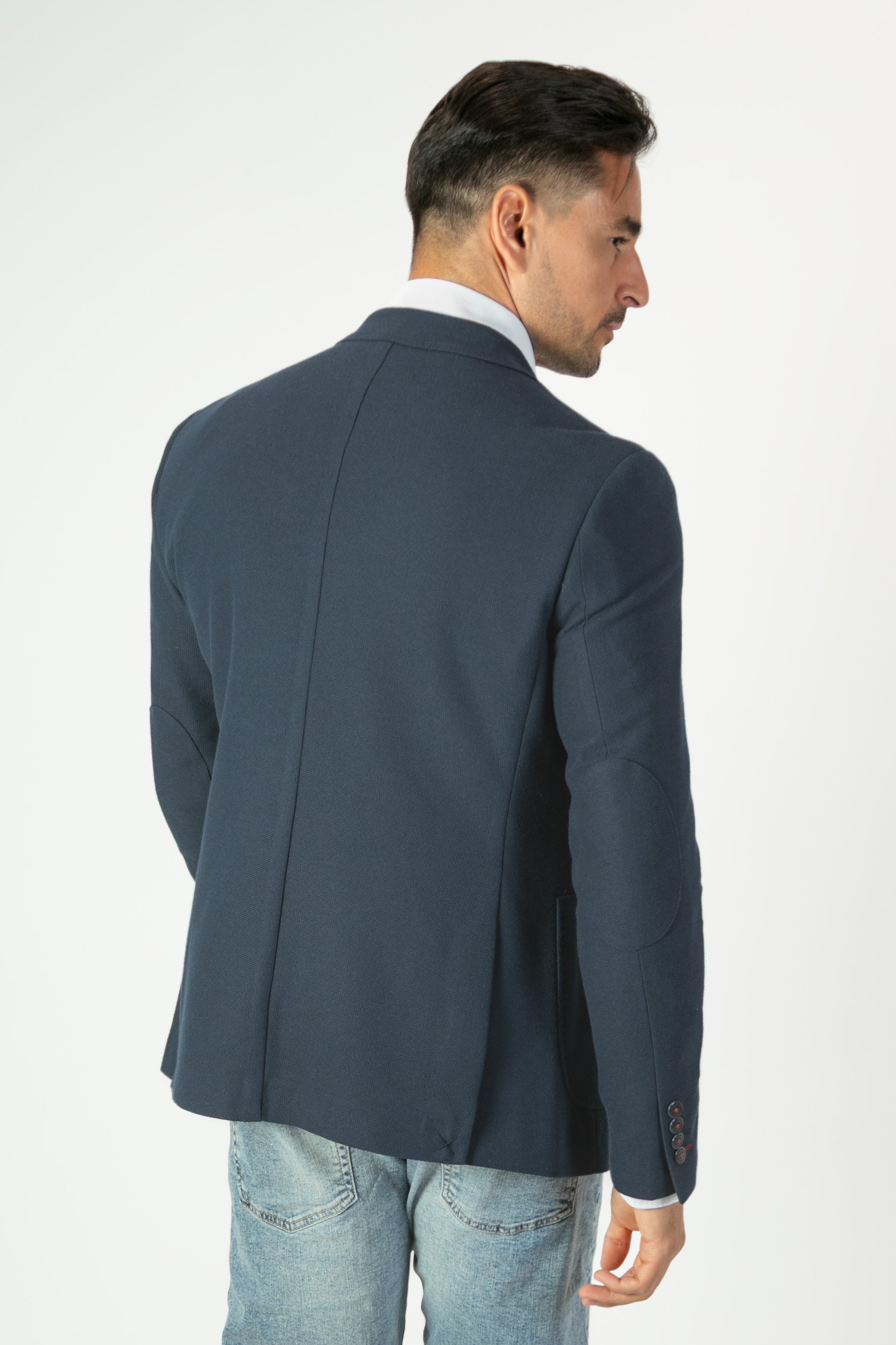 alt="MOSAIQUE slim texture jacket casual navy back view"