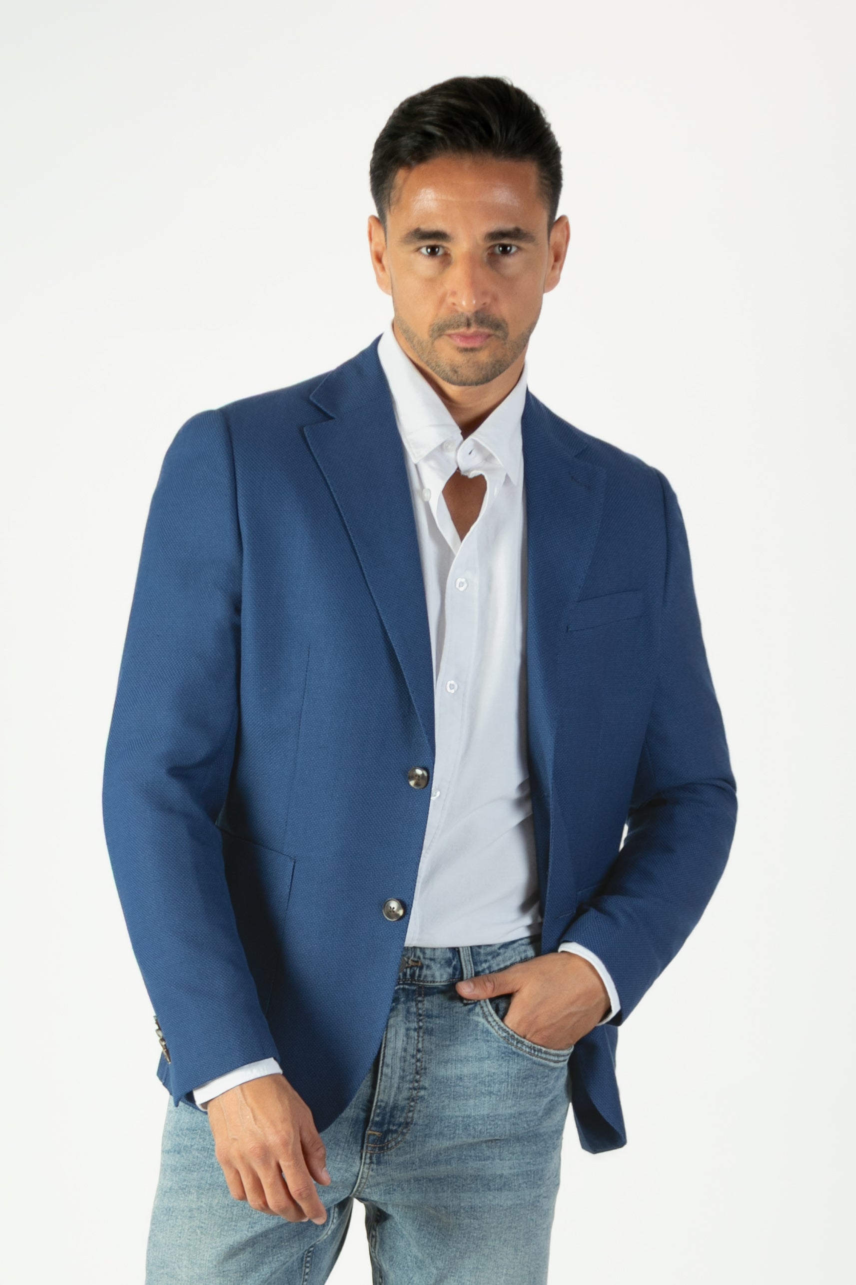 alt="Jack Morgan blue slim texture jacket casual front view"