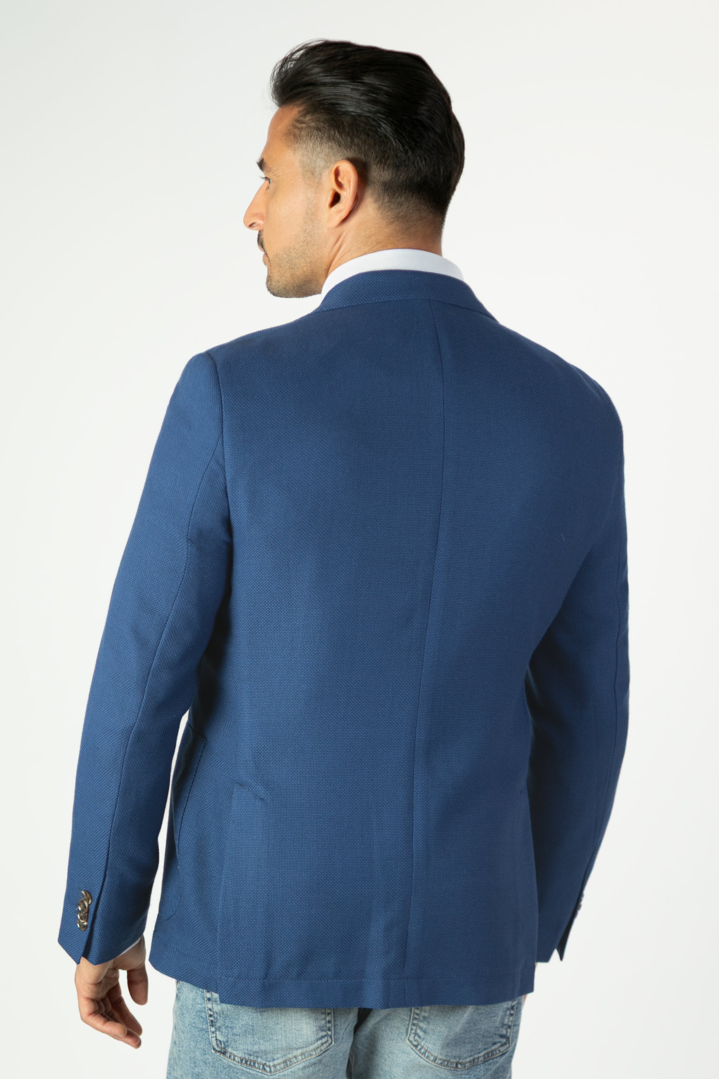 alt="Jack Morgan blue slim texture jacket casual back view"