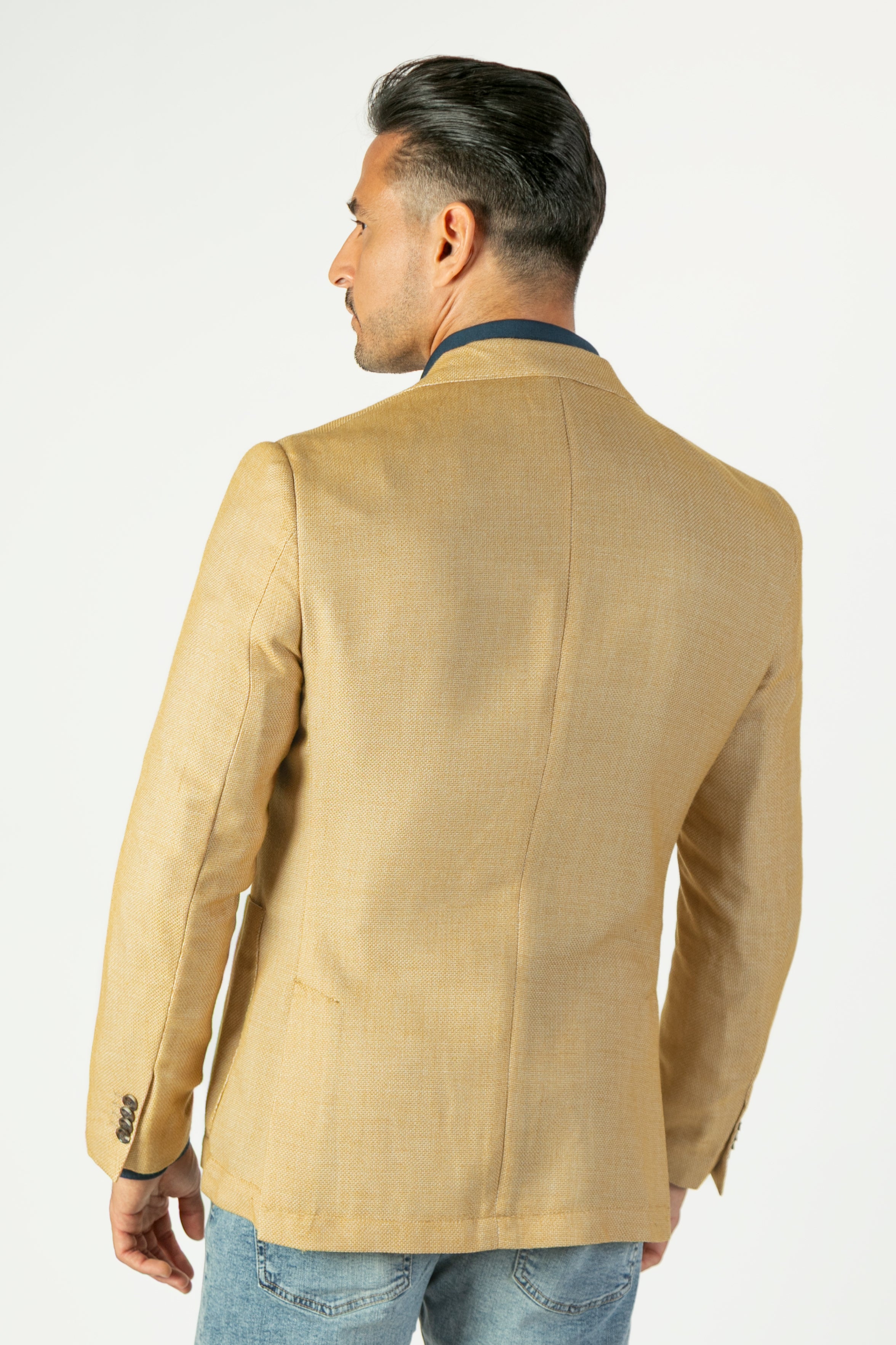 alt="Jack Morgan golden yellow slim texture jacket casual back view"