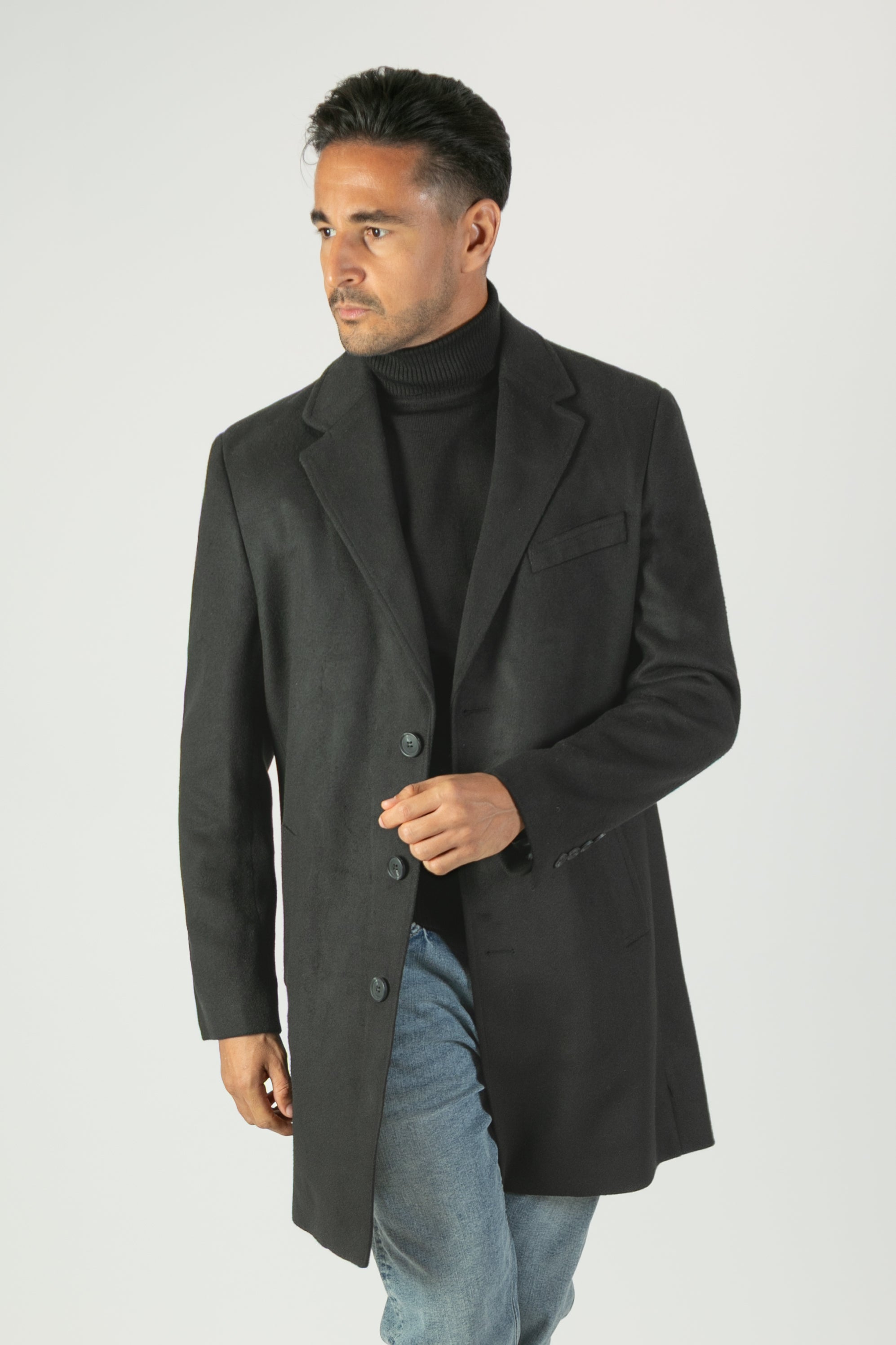 alt="Jack Morgan black slim self design coat casual winter front view"