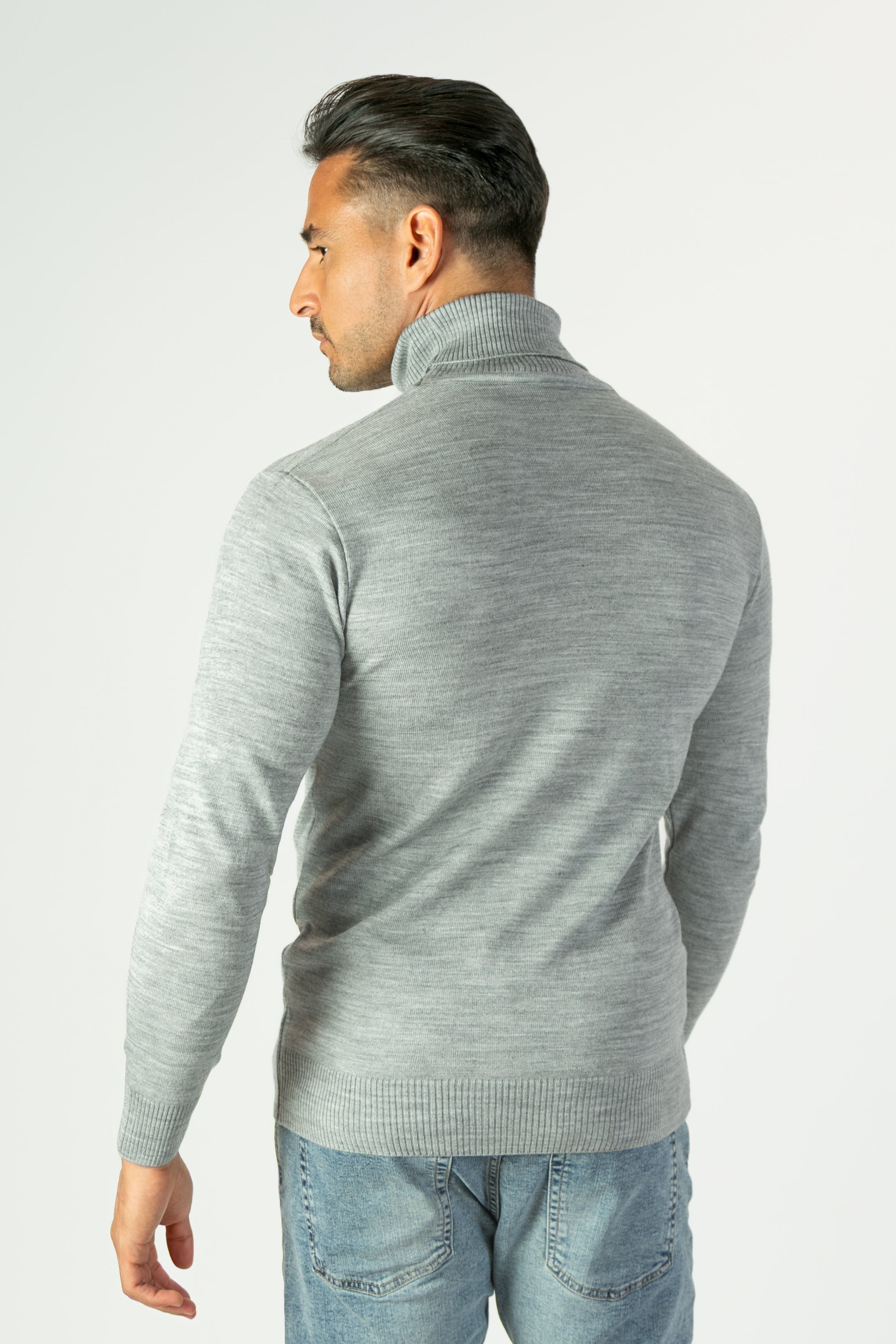 alt="JACK MORGAN tailored solid light grey pullover turtleneck full sleeve men's sweater back view"