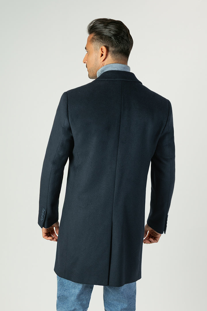 alt="Jack Morgan navy slim self design coat casual winter back view"