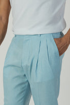 alt="Jack Morgan sky blue slim fresco trouser formal with extended tab closure front close view"