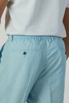 alt="Jack Morgan sky blue slim fresco trouser formal with extended tab closure back view"
