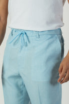 alt="Jack Morgan sky blue slim fresco trouser formal with drawstring front close view"