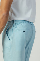 alt="Jack Morgan sky blue slim fresco trouser formal with drawstring back view"
