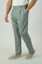 alt="Jack Morgan greenish grey slim fresco trouser formal with extended tab closure front view"