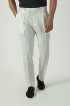 alt="Jack Morgan off white slim fresco trouser formal with extended tab closure front view"