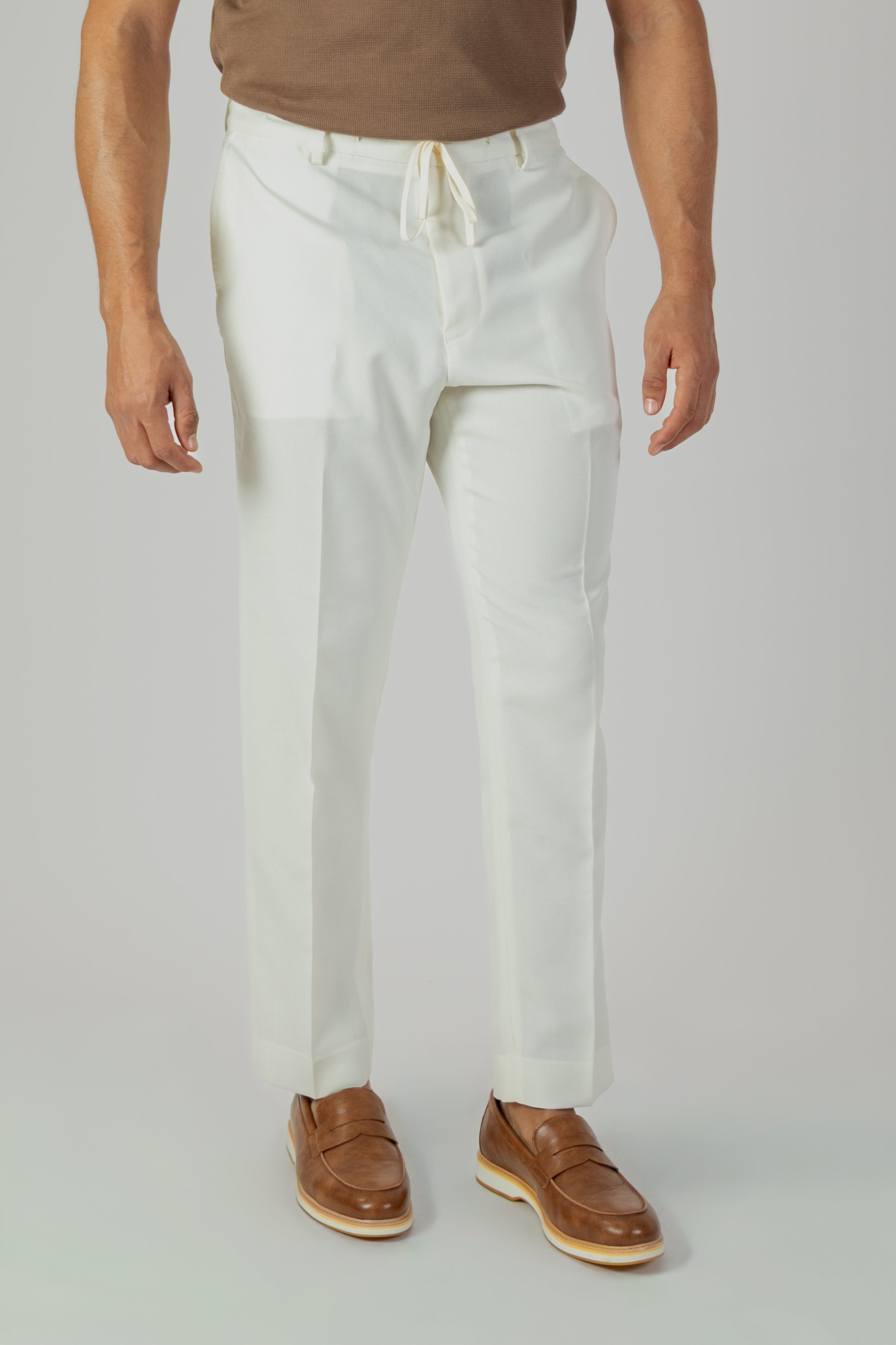 alt="Jack Morgan off white slim fresco trouser formal with drawstring front view"