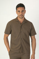 alt="Jack Morgan brown tailored casual half sleeve shirt with lapel collar front view"