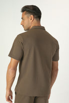 alt="Jack Morgan brown tailored casual half sleeve shirt with lapel collar back view"