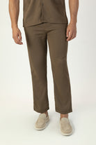 alt="Jack Morgan brown tailored knitted trouser casual co-ord pant with lace front view"