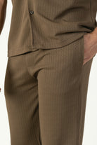 alt="Jack Morgan brown tailored knitted trouser casual co-ord pant with lace front close view"