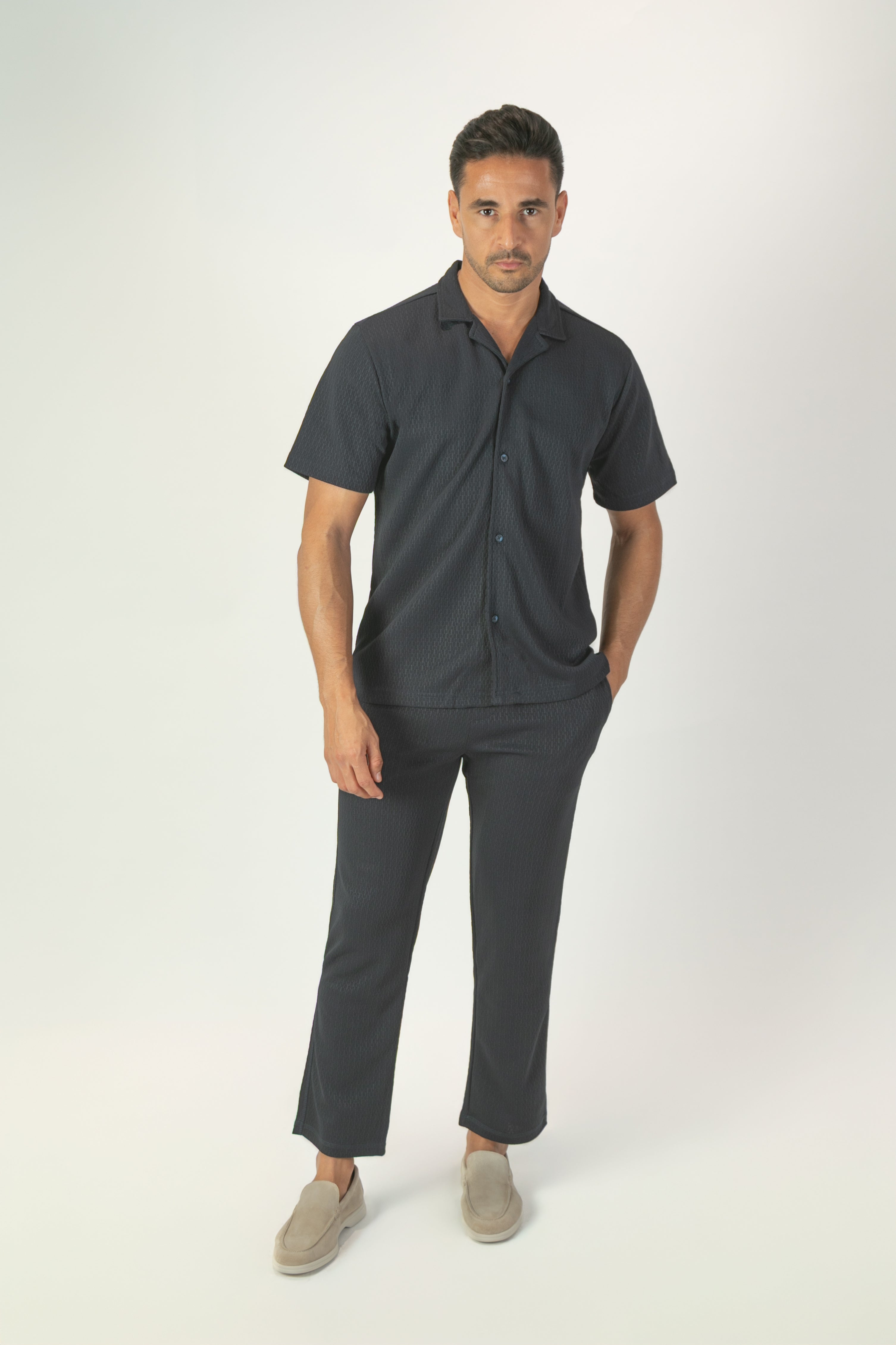 alt="Jack Morgan navy tailored casual half sleeve shirt with lapel collar full view"