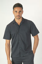 alt="Jack Morgan navy tailored casual half sleeve shirt with lapel collar front view"