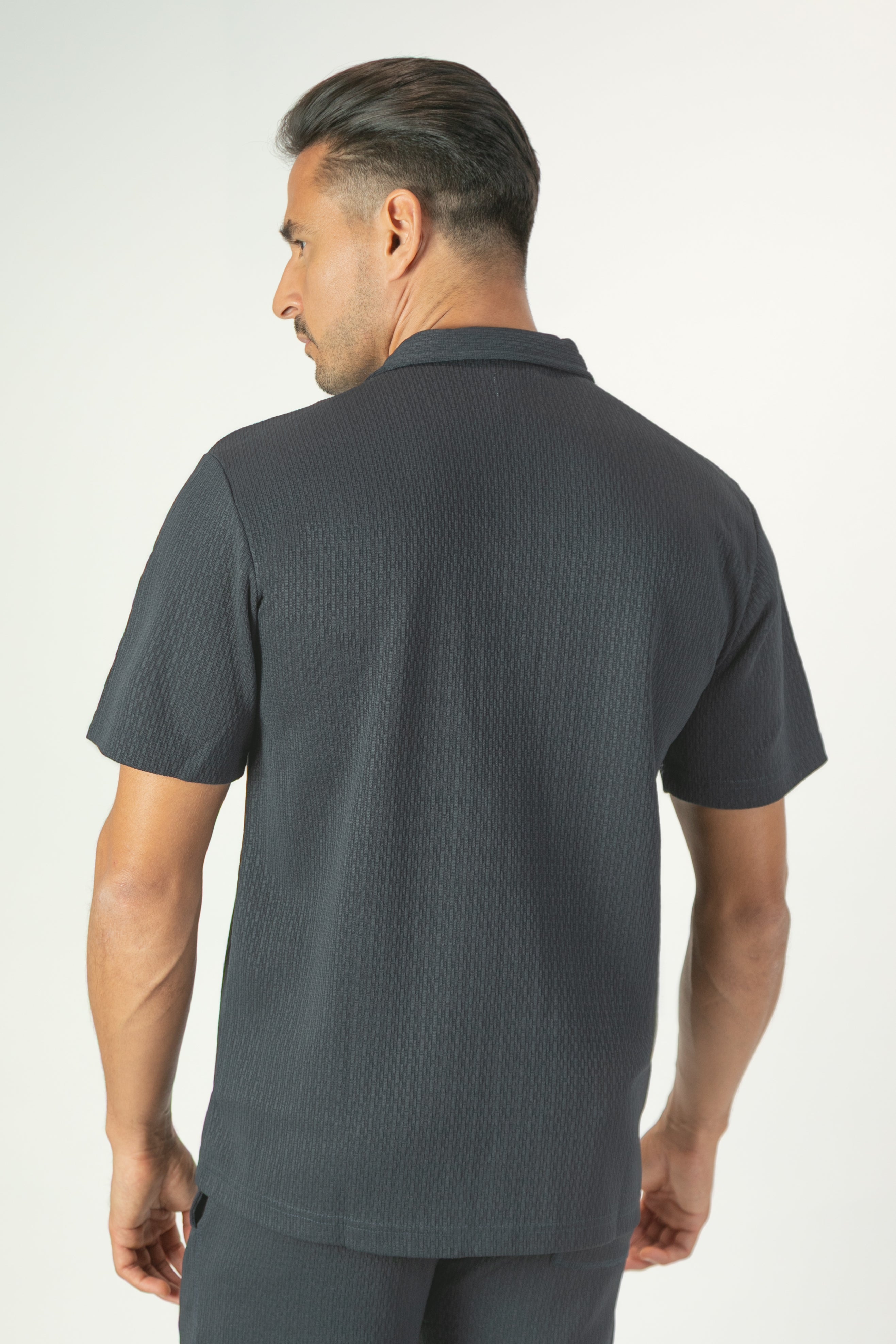 alt="Jack Morgan navy tailored casual half sleeve shirt with lapel collar back view"