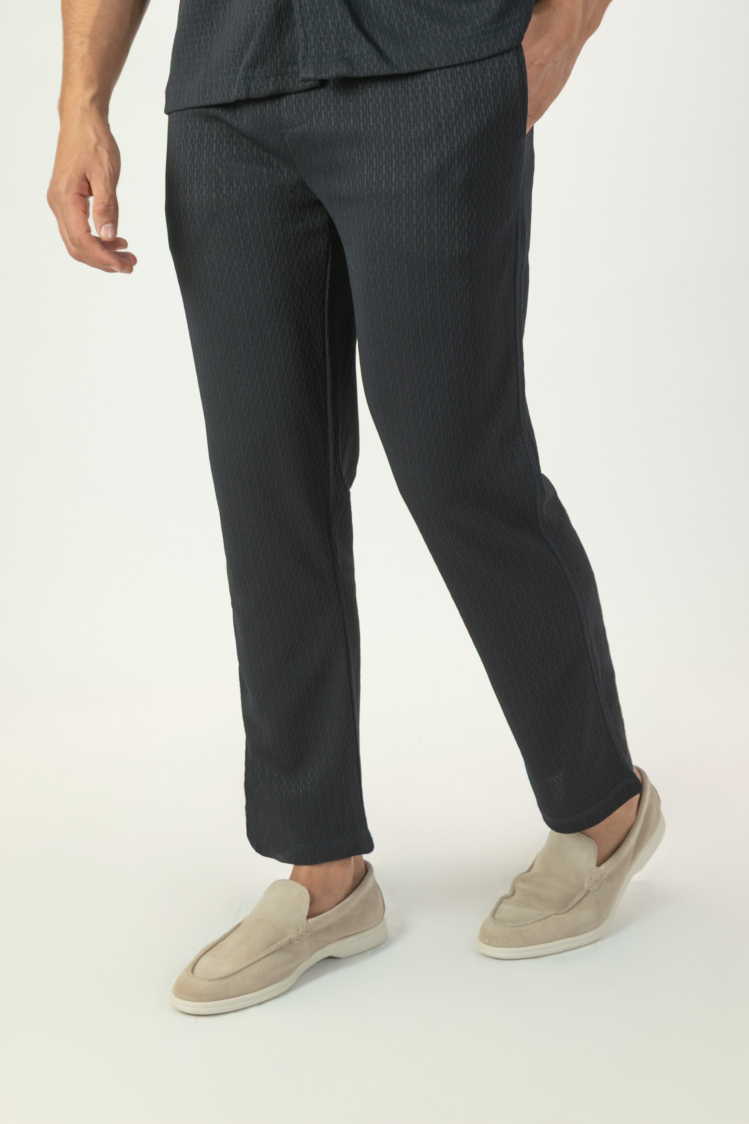 alt="Jack Morgan navy tailored knitted trouser casual co-ord pant with lace front view"