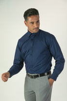 alt="JACK MORGAN regular solid spread collar formal full sleeve bamboo shirt navy front view"