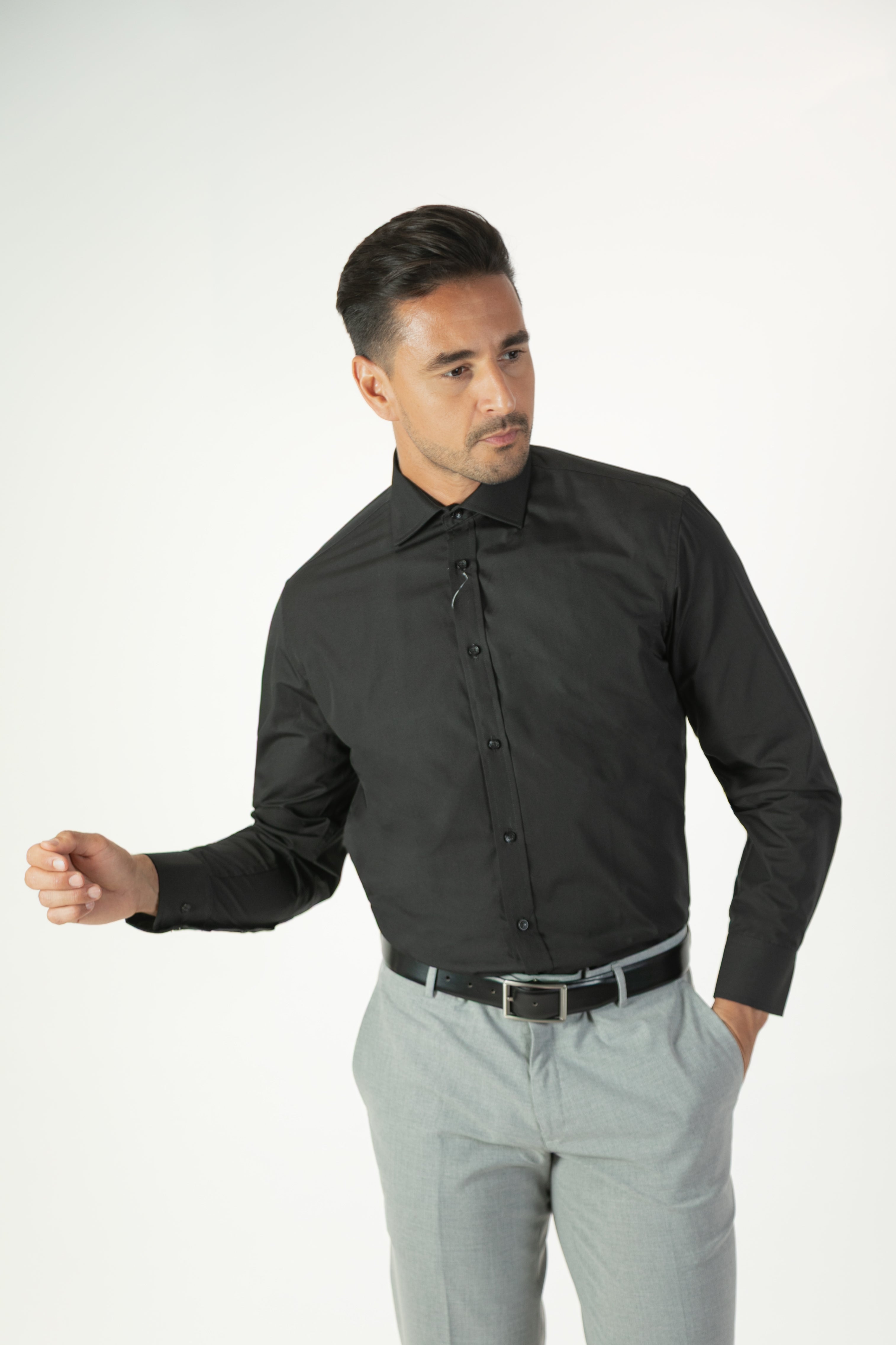 alt="JACK MORGAN regular solid spread collar formal full sleeve bamboo shirt black front view"