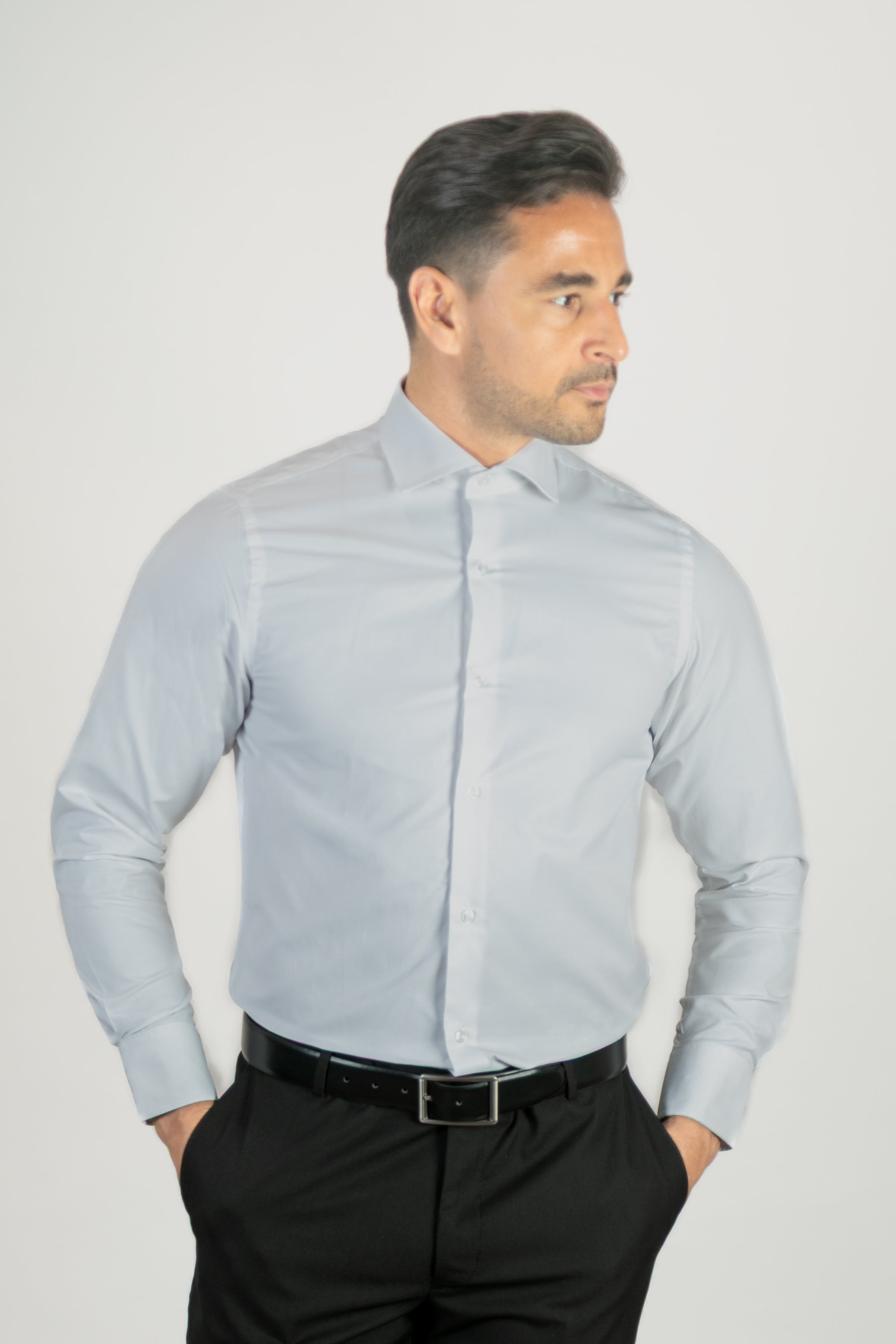 alt="Alberto Paolucci white slim diagonal texture formal full sleeve shirt front view"