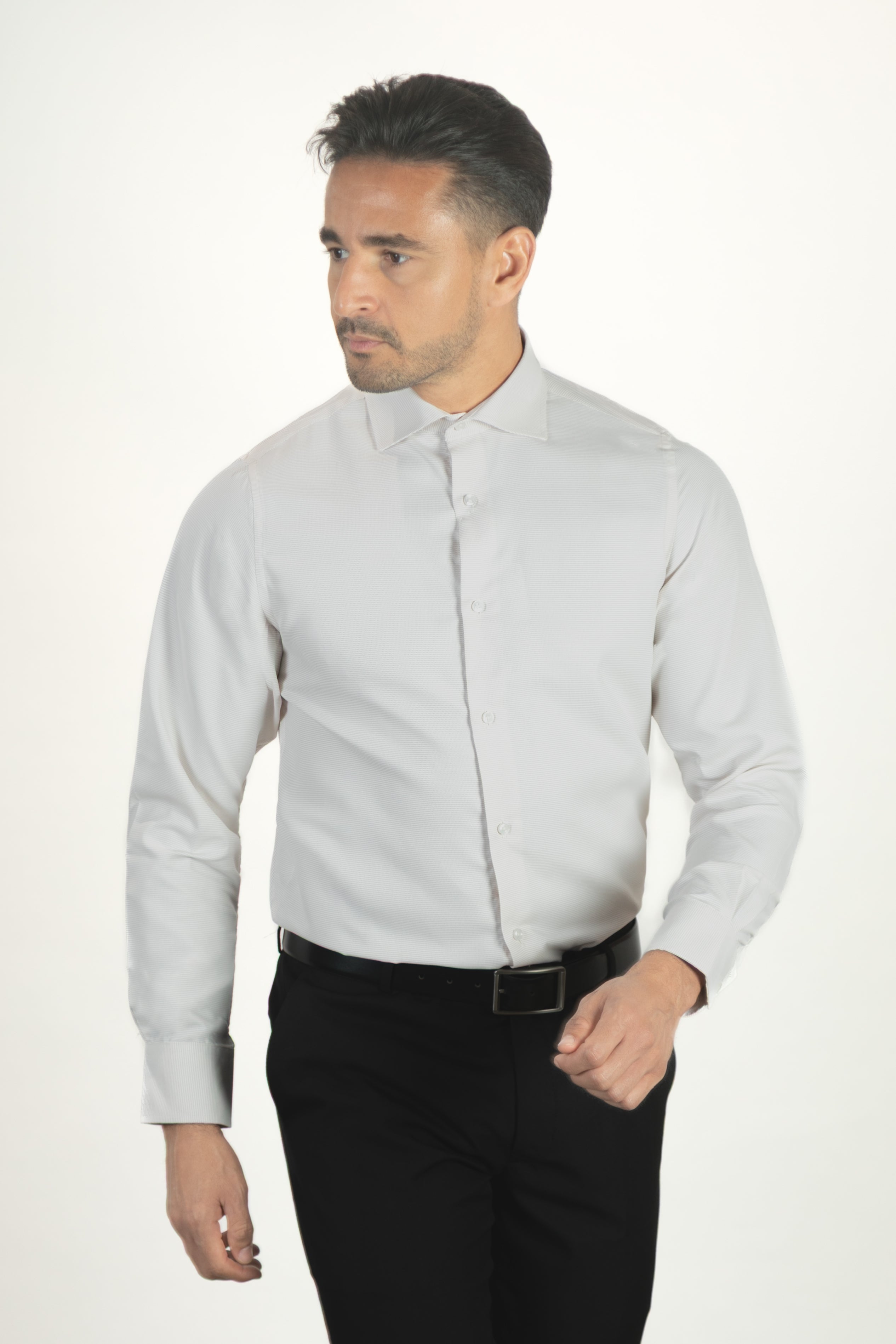 alt="Alberto Paolucci light beige slim texture formal full sleeve shirt front view"