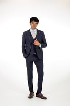 alt="JACK MORGAN slim solid suit formal 2 button 2 vent with vest navy front full view"