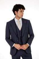 alt="JACK MORGAN slim solid suit formal 2 button 2 vent with vest navy front view"