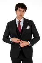 alt="JACK MORGAN slim solid suit formal 2 button 2 vent with vest black front view"