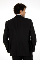 alt="JACK MORGAN slim solid suit formal 2 button 2 vent with vest black back view"
