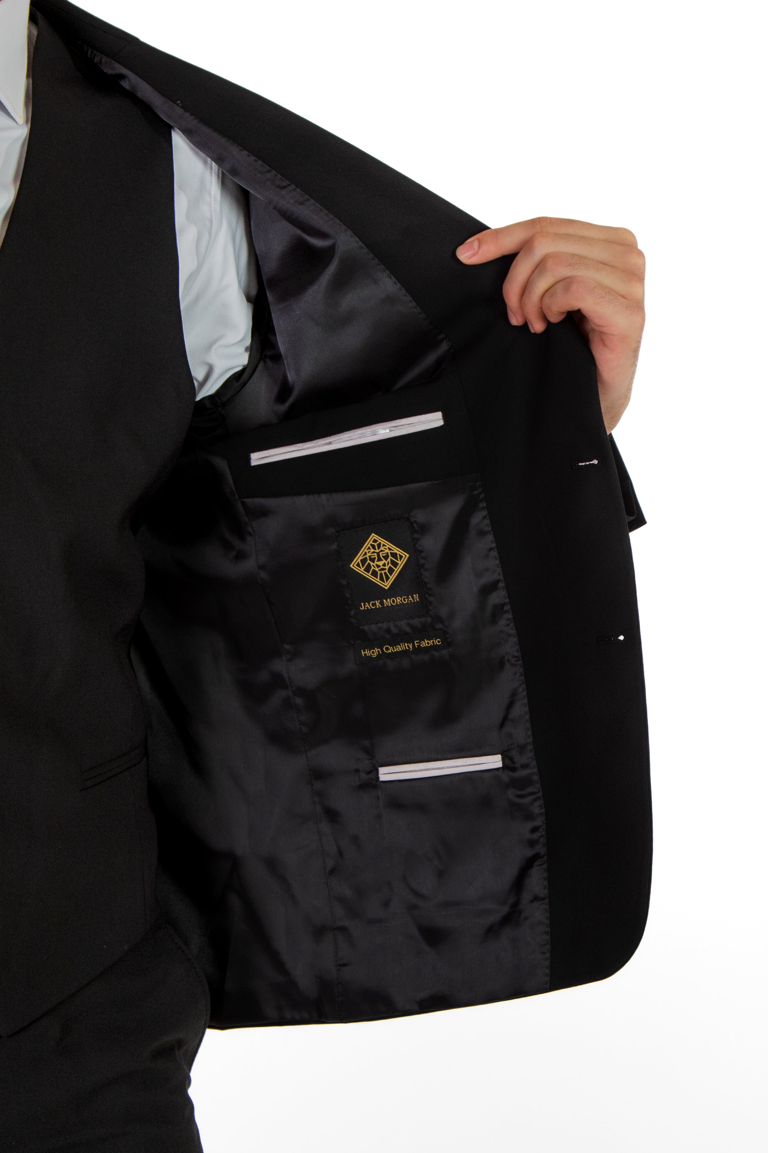 alt="JACK MORGAN slim solid suit formal 2 button 2 vent with vest black side pocket view"