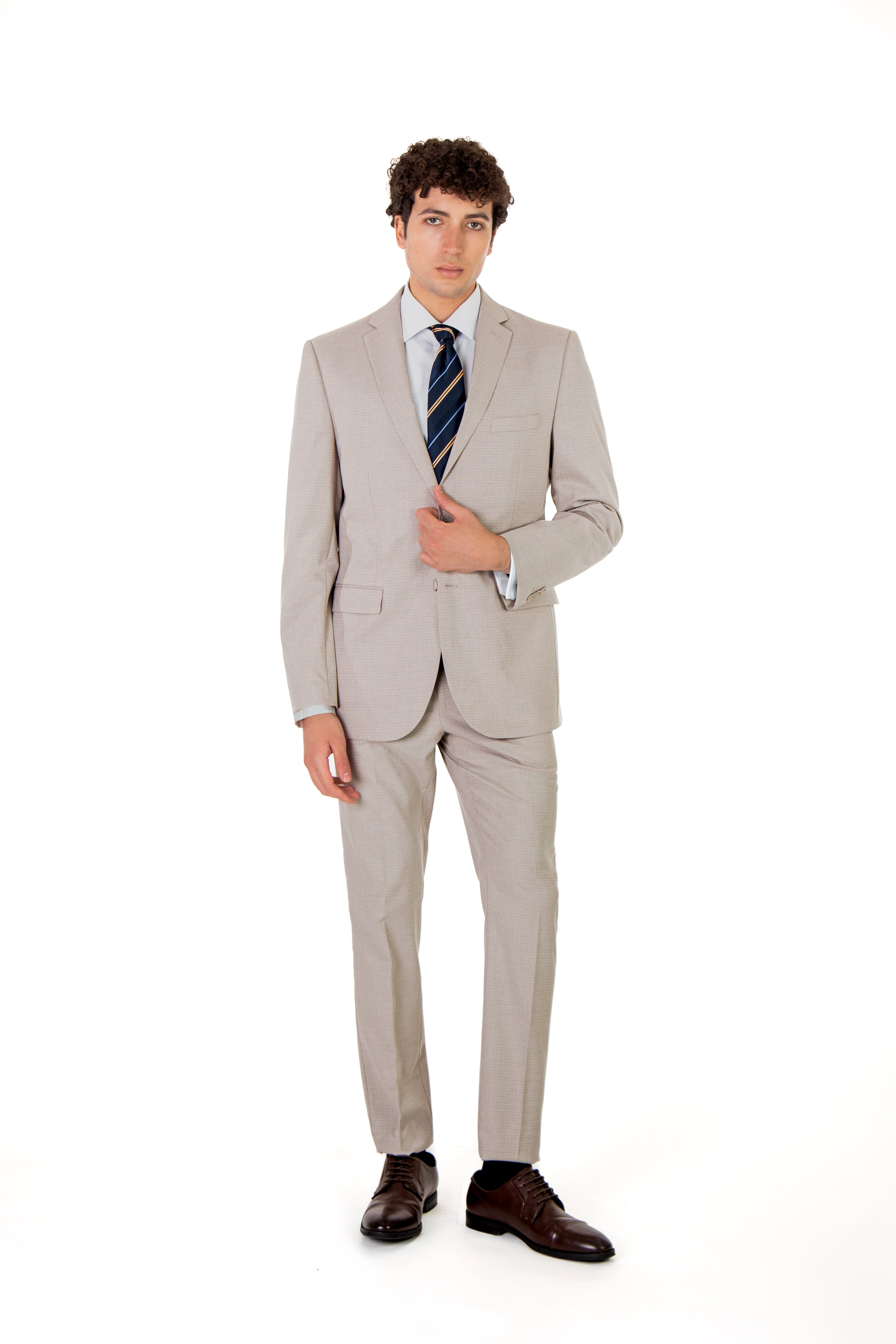 alt="MOSAIQUE slim texture suit formal 2 button 2 vent beige front full view"