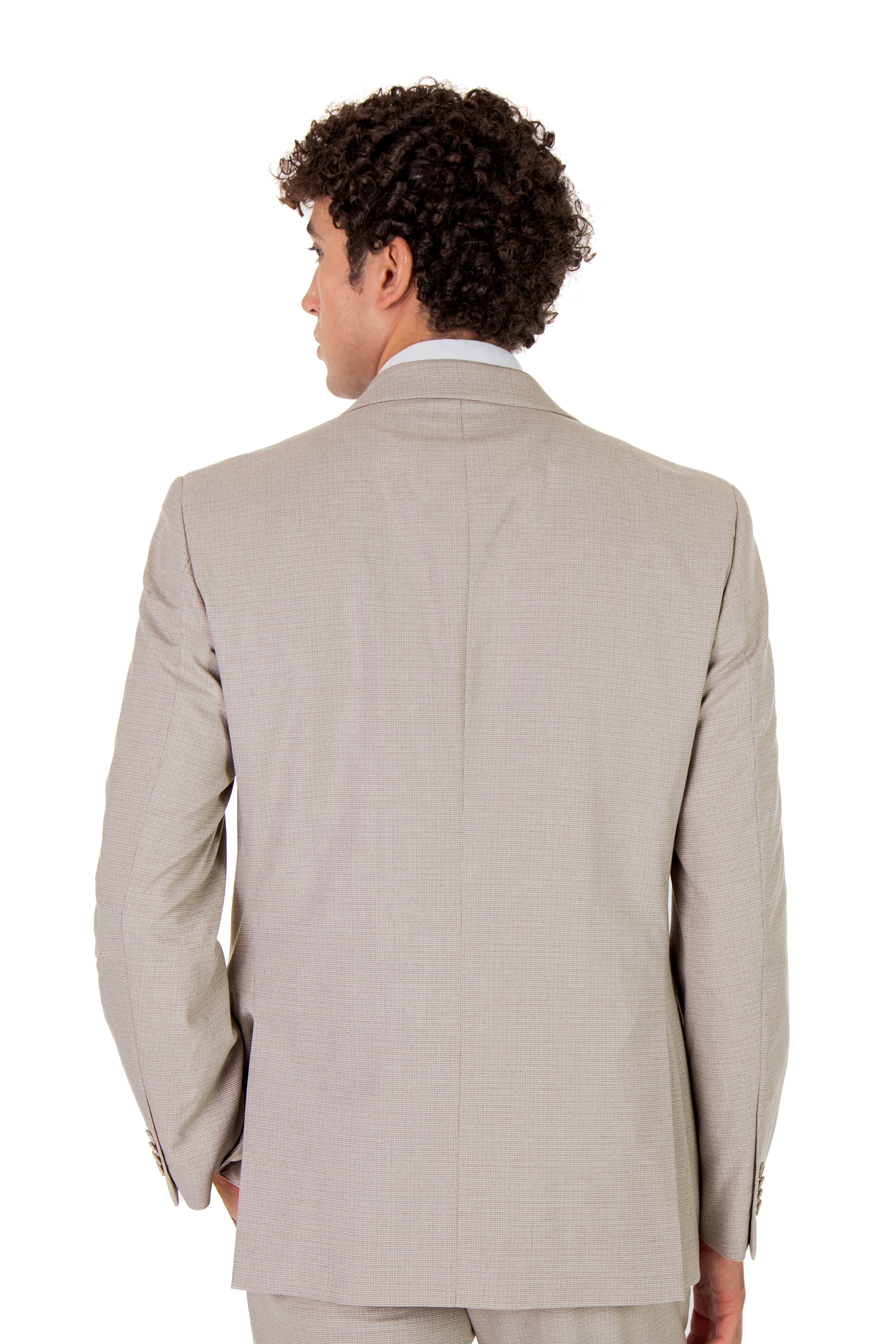 alt="MOSAIQUE slim texture suit formal 2 button 2 vent beige back view"