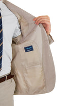 alt="MOSAIQUE slim texture suit formal 2 button 2 vent beige side pocket view"