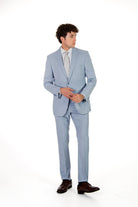alt="MOSAIQUE slim texture suit formal 2 button 2 vent light blue front full view"