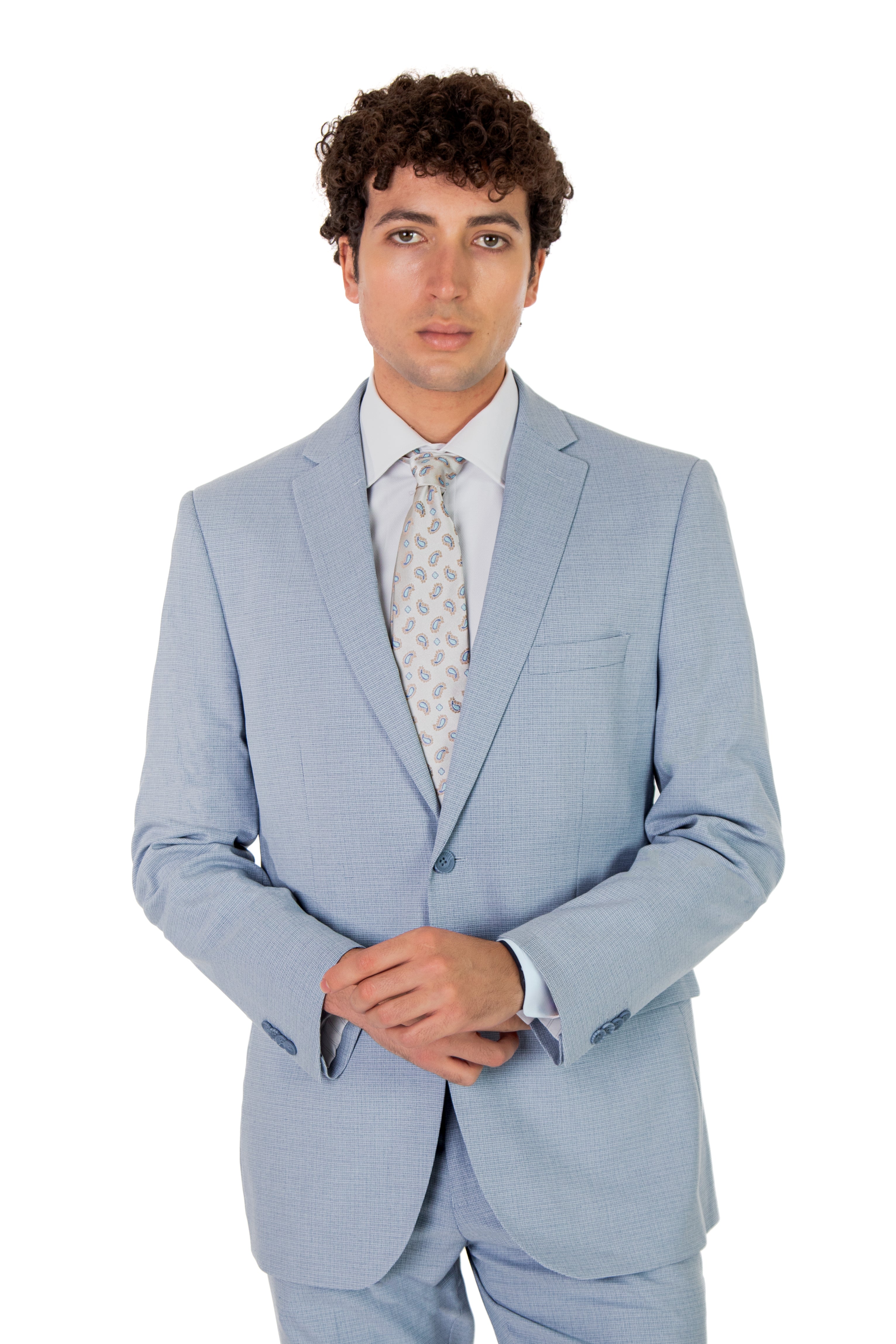 alt="MOSAIQUE slim texture suit formal 2 button 2 vent light blue front view"