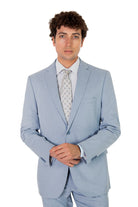 alt="MOSAIQUE slim texture suit formal 2 button 2 vent light blue front view"