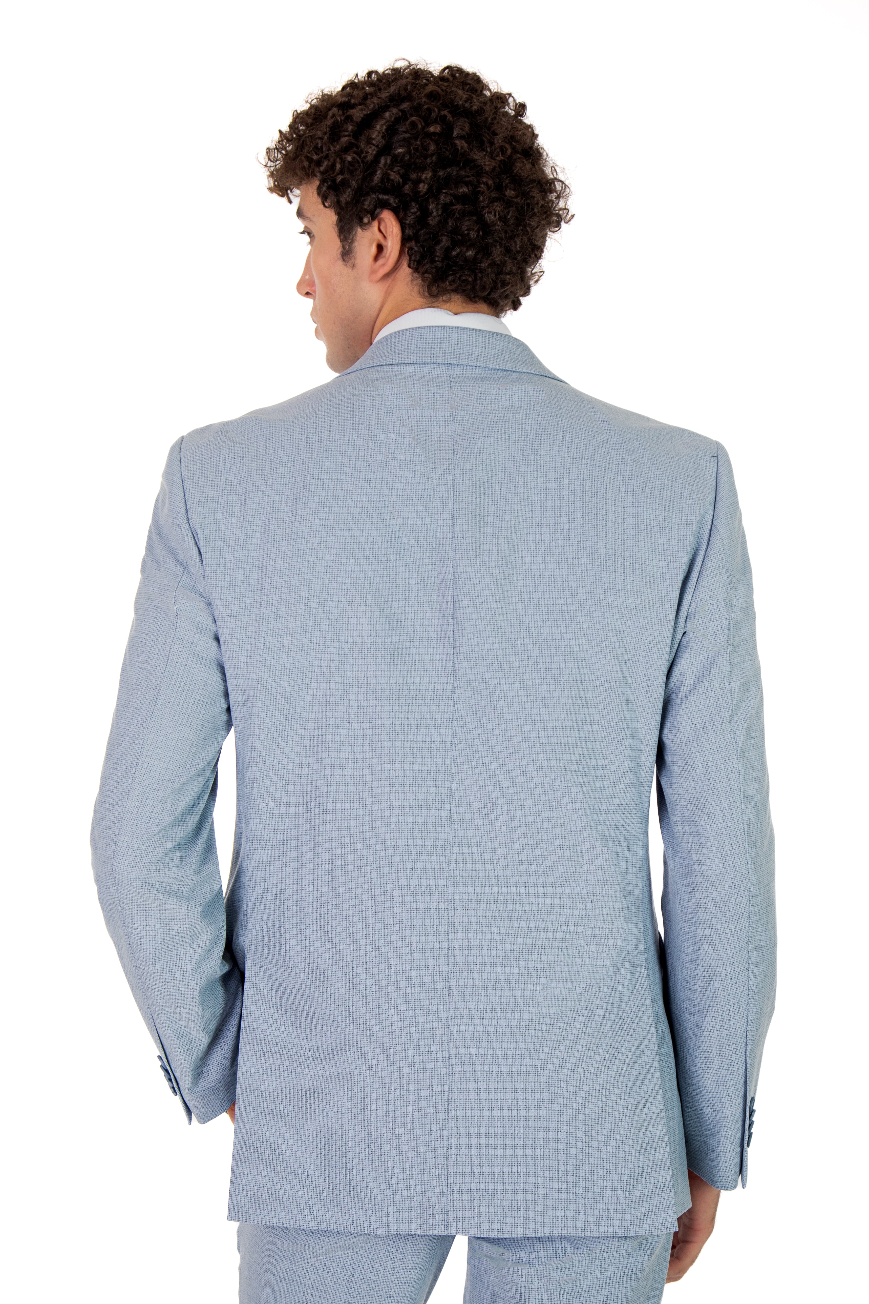 alt="MOSAIQUE slim texture suit formal 2 button 2 vent light blue back view"