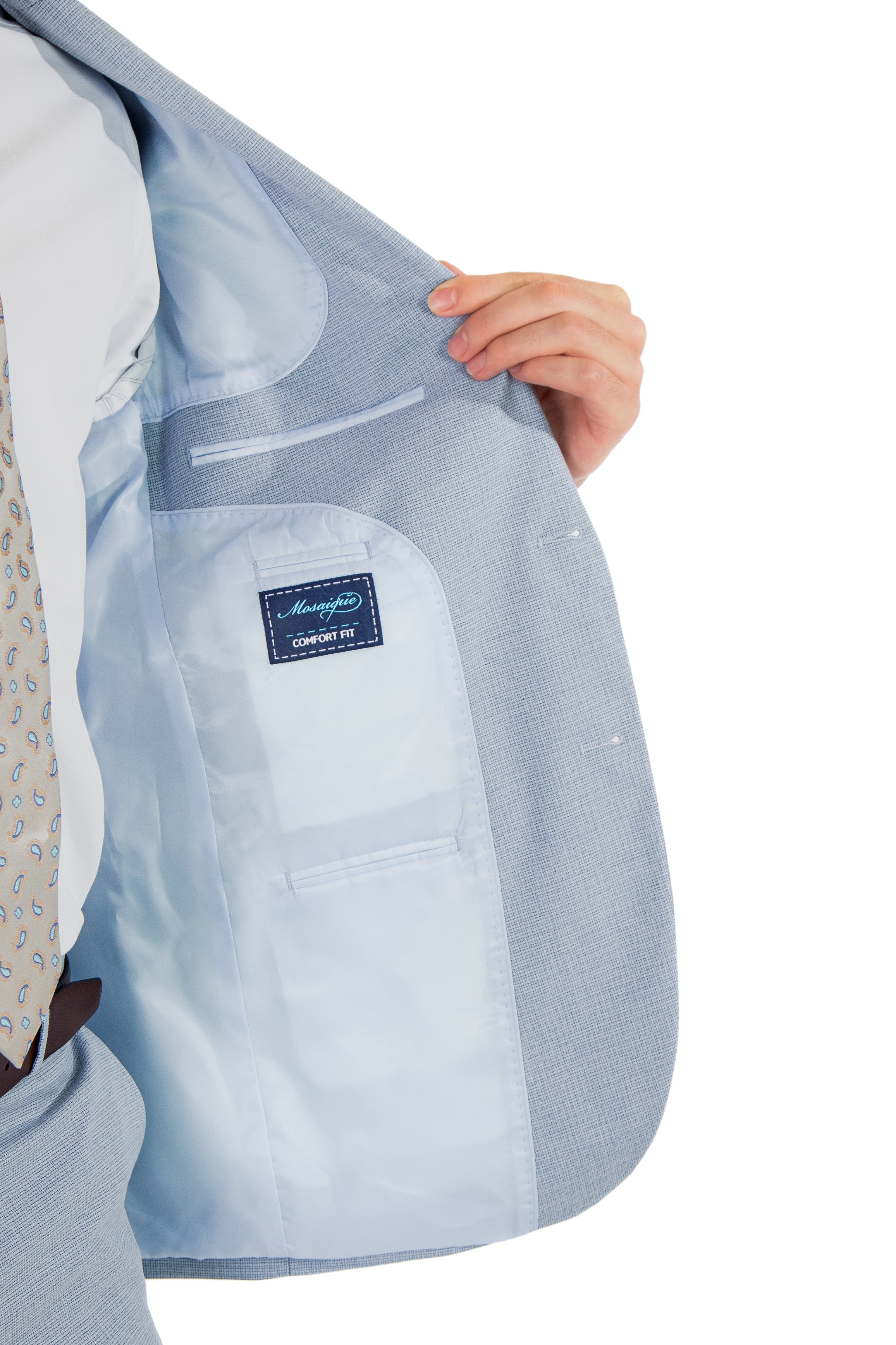 alt="MOSAIQUE slim texture suit formal 2 button 2 vent light blue side pocket view"