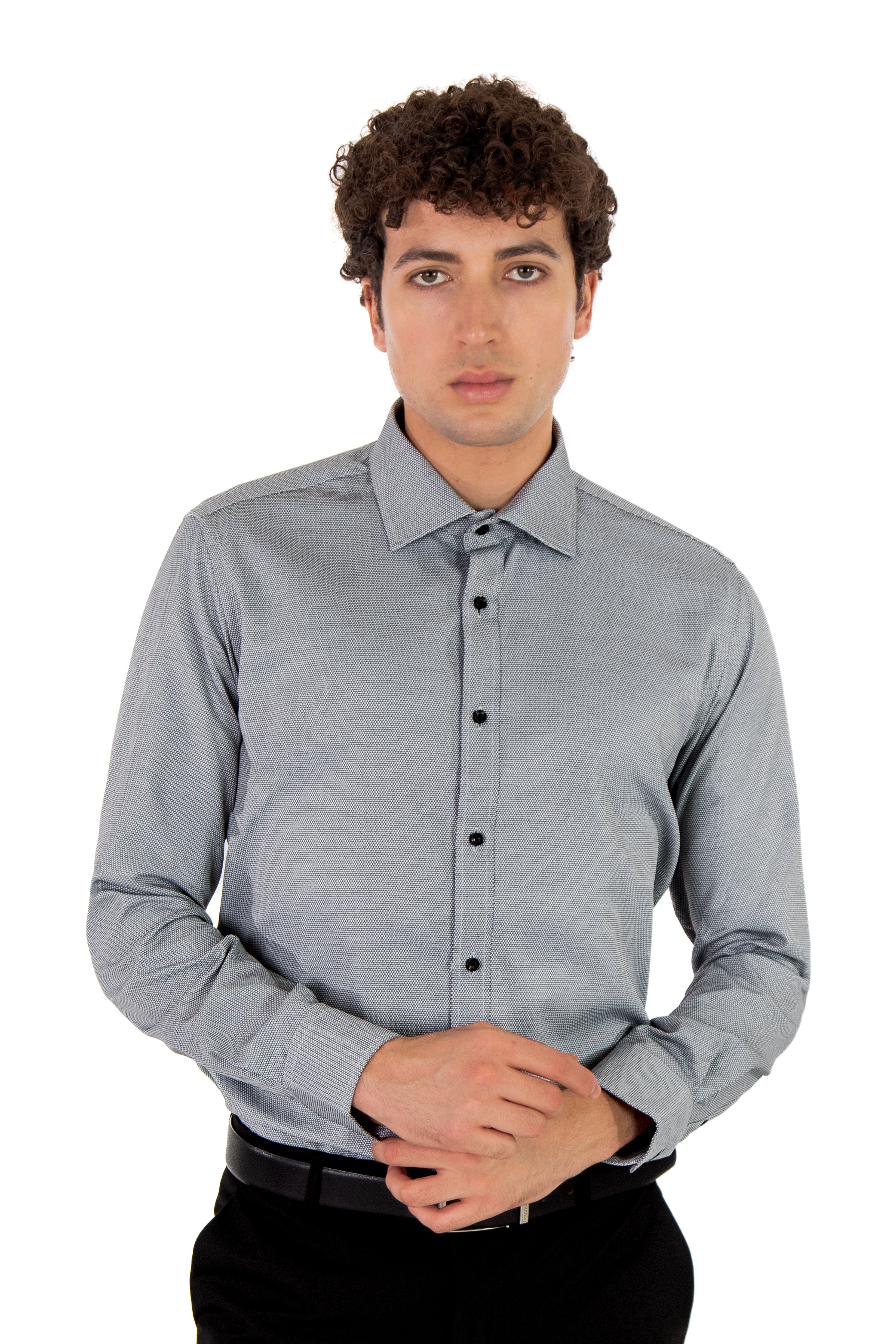 alt="MOSAIQUE slim texture shirt formal full sleeve black front view"