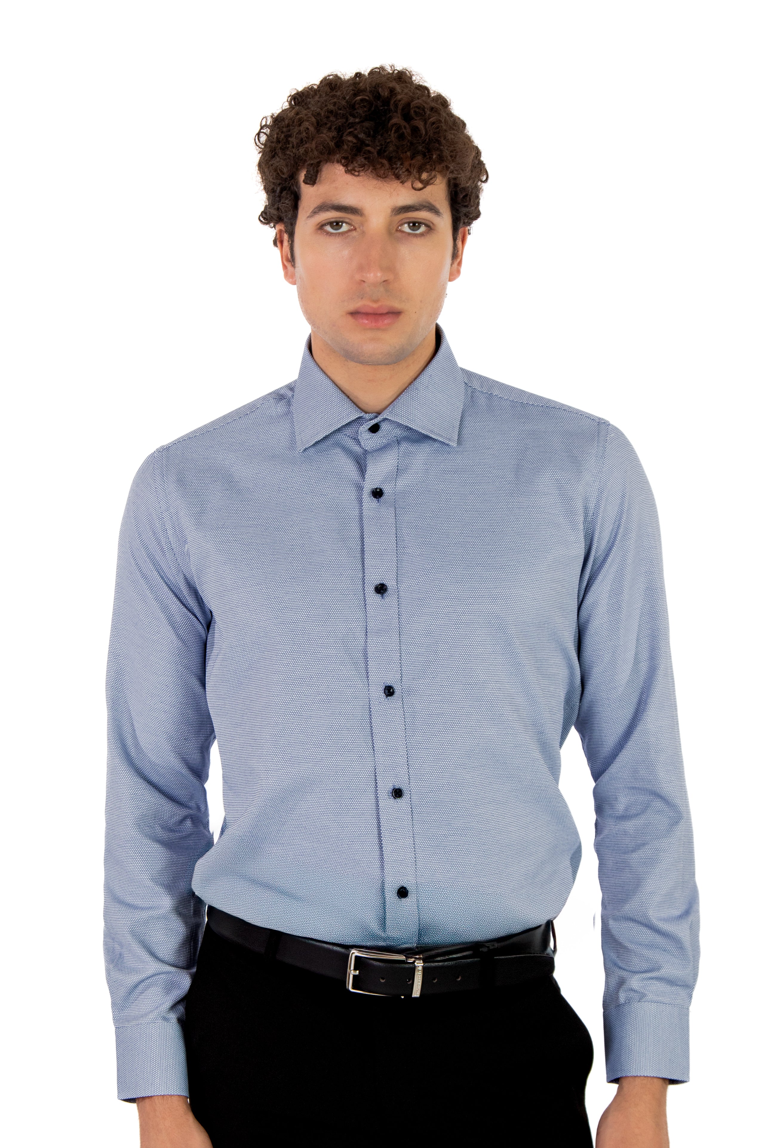 alt="MOSAIQUE regular texture shirt formal full sleeve navy blue front view"