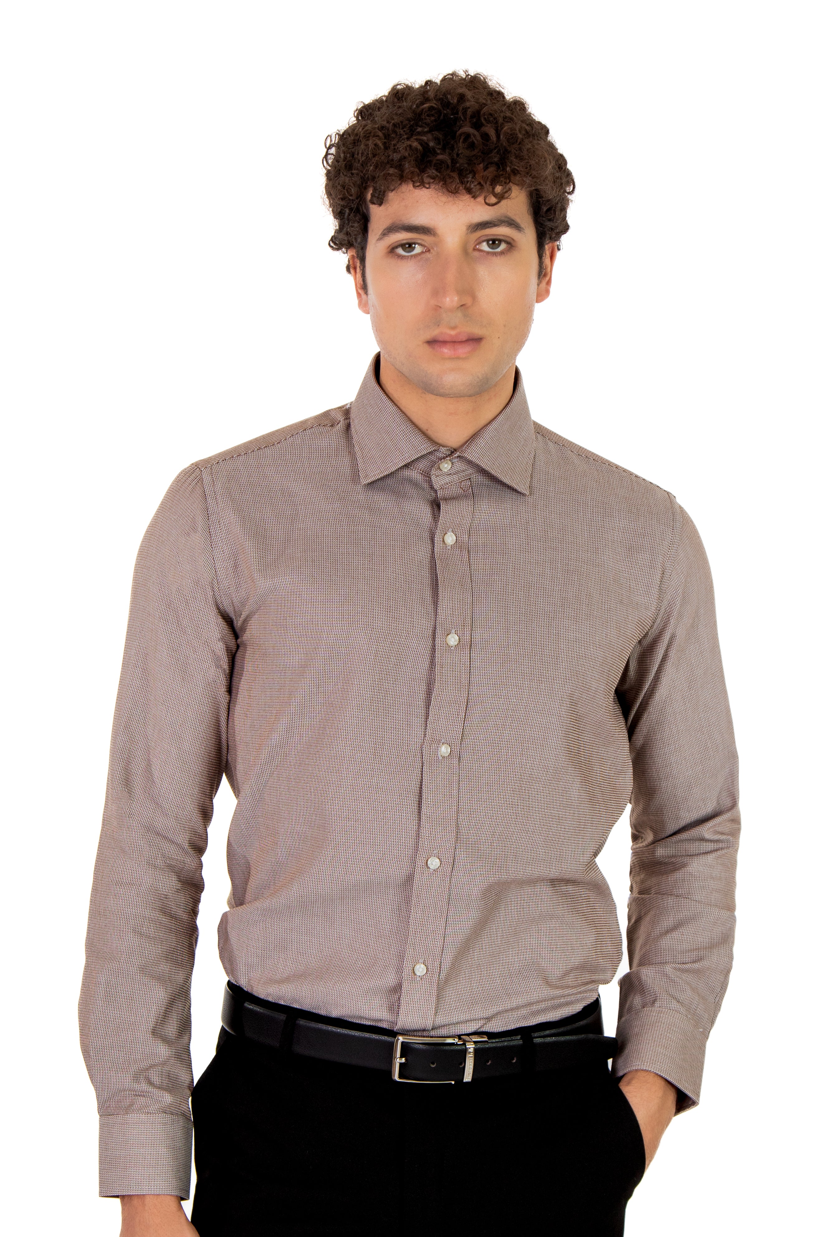 alt="MOSAIQUE slim texture shirt formal full sleeve brown front view"
