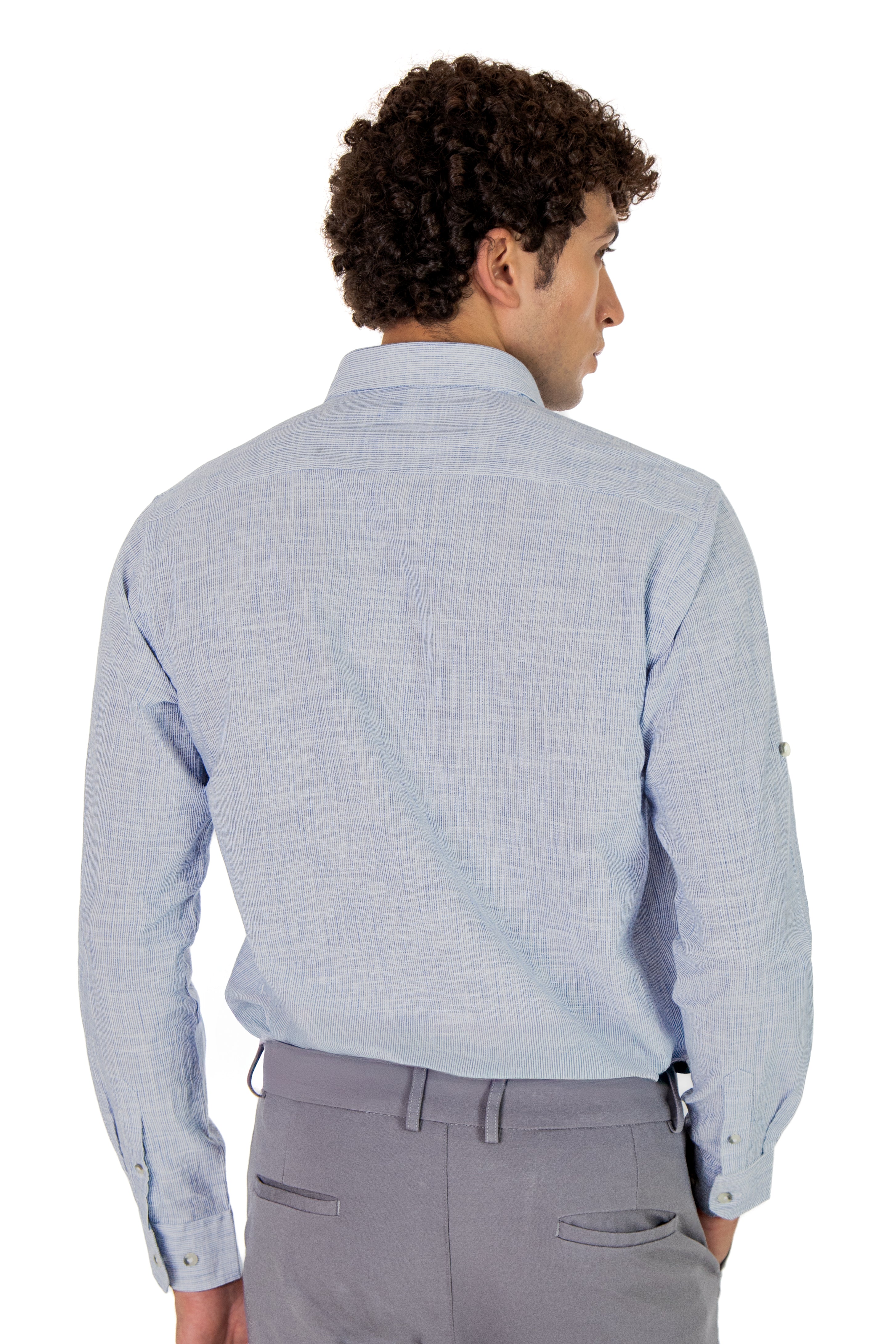 alt="Francisco Tolli blue striped slim casual full sleeve shirt back view"