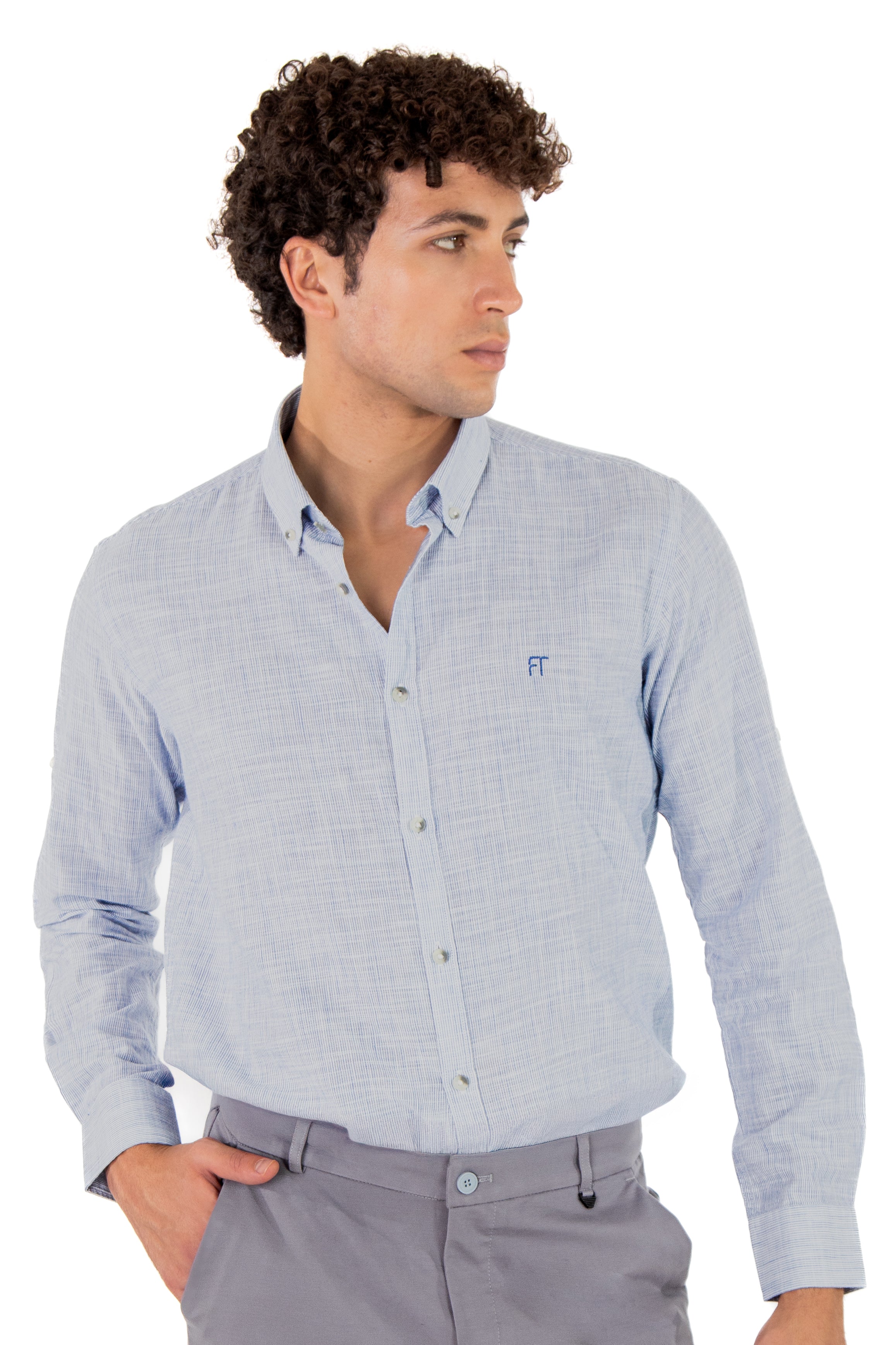 alt="Francisco Tolli blue striped slim casual full sleeve shirt front view"