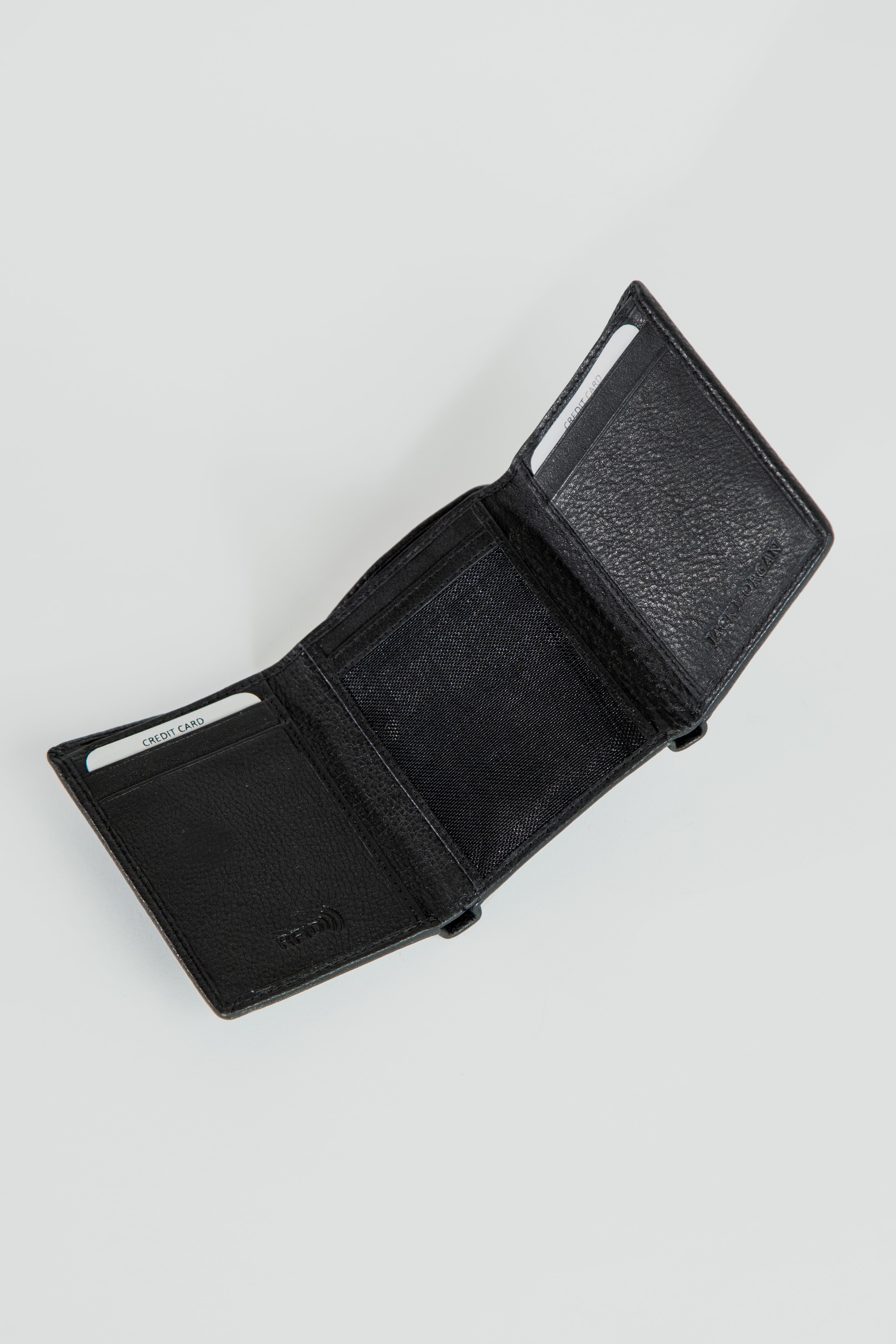 alt="JACK MORGAN trifold with magnetic closure accessories wallet black open view"