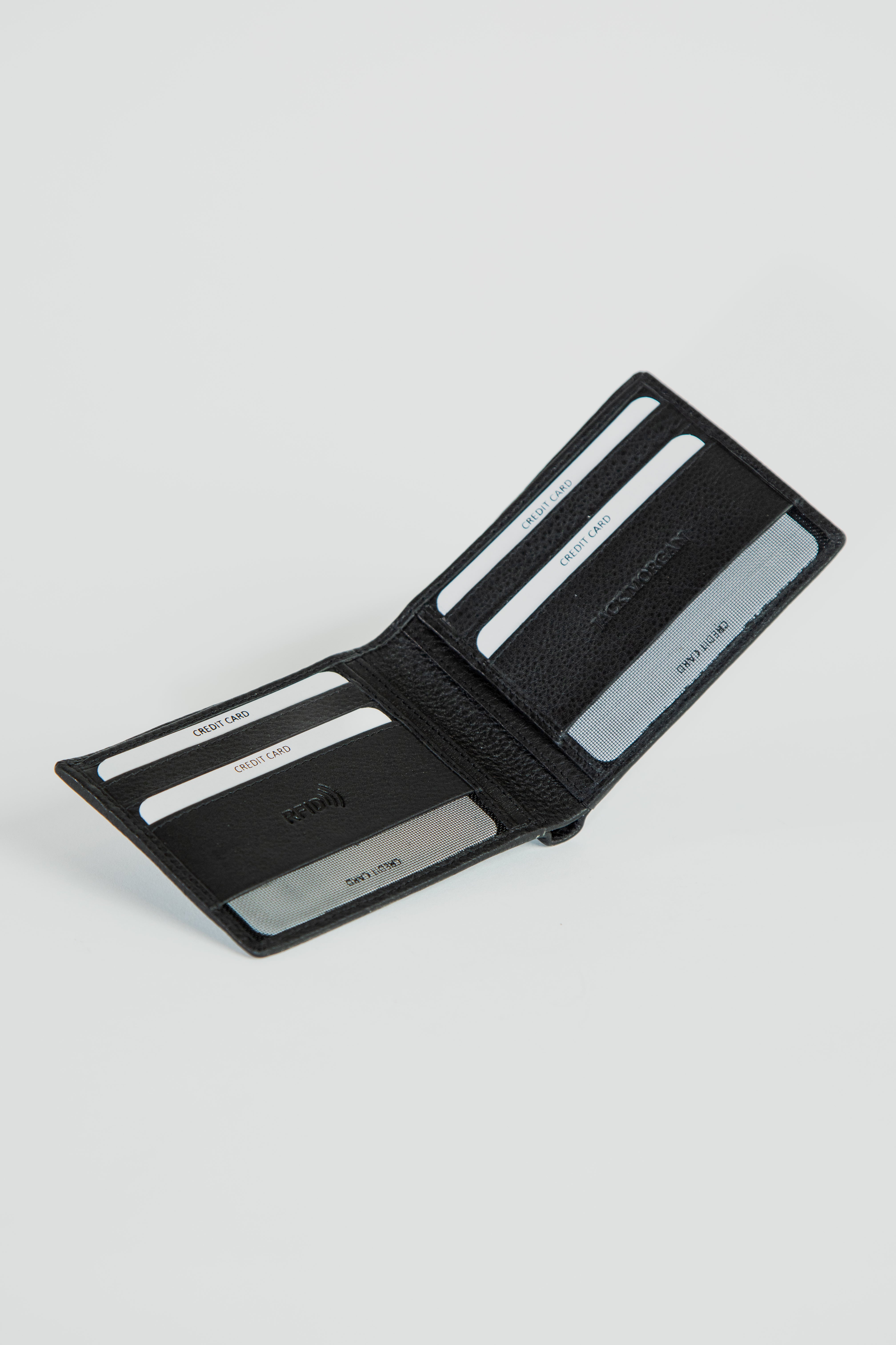 alt="JACK MORGAN two fold accessories wallet black open view"